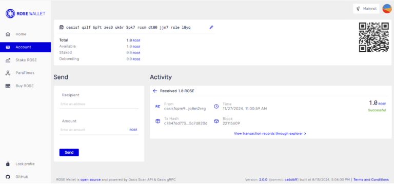 Oasis Staking Guide 8 ROSE Wallet Dashboard