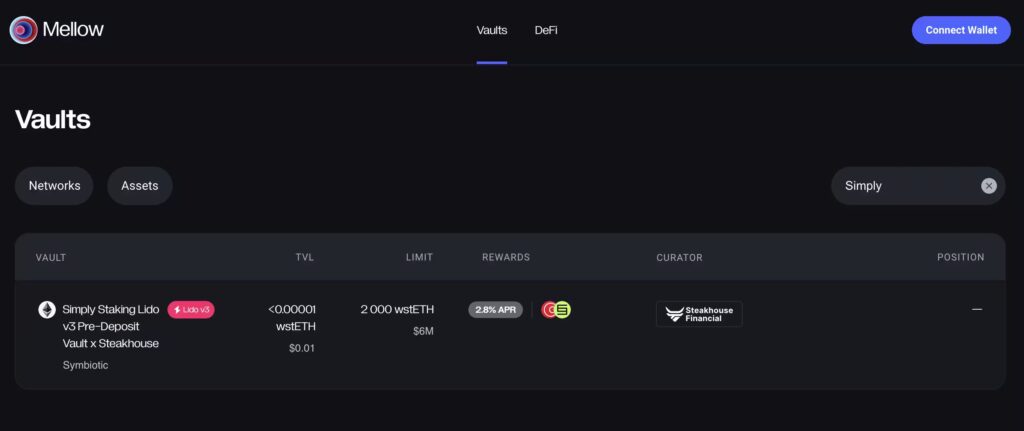 LIDO V3 Vaults: Curated Vaults to Maximise APR with Mellow and Simply Staking 2 mellow simply vault overview 1