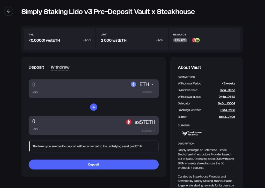 LIDO V3 Vaults: Curated Vaults to Maximise APR with Mellow and Simply Staking 3 simply staking vault overview