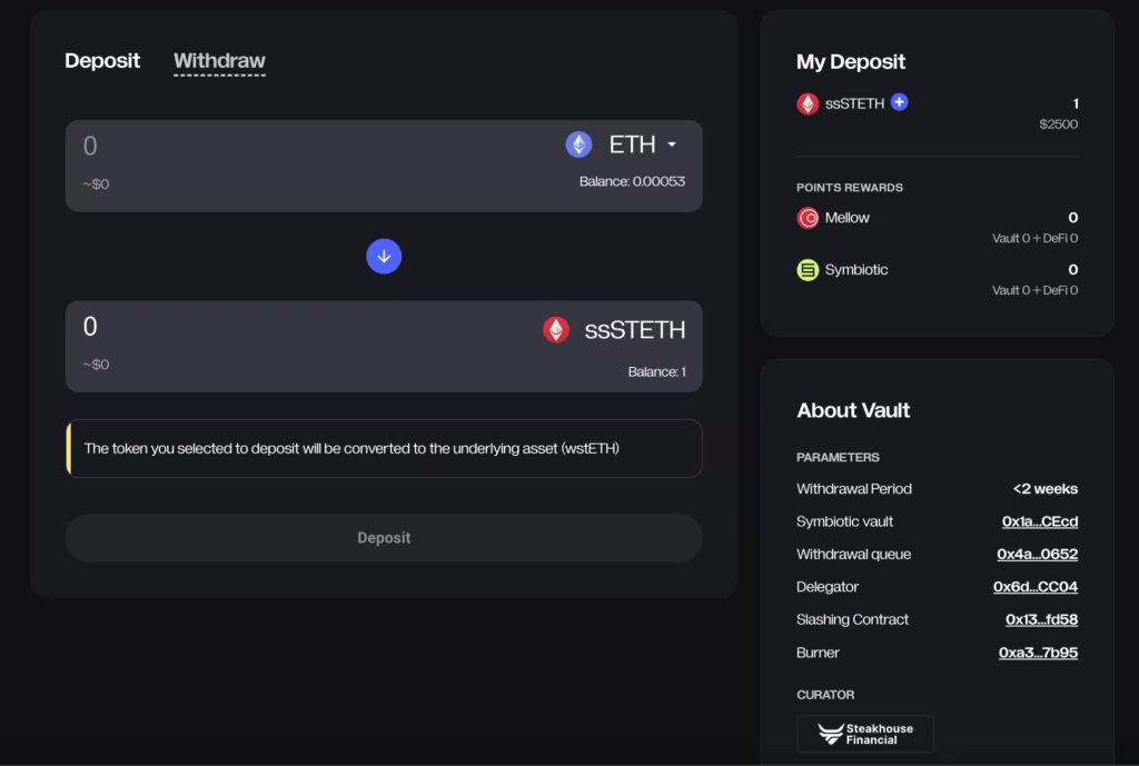 LIDO V3 Vaults: Curated Vaults to Maximise APR with Mellow and Simply Staking 5 simply staking vault sssteth deposit 1